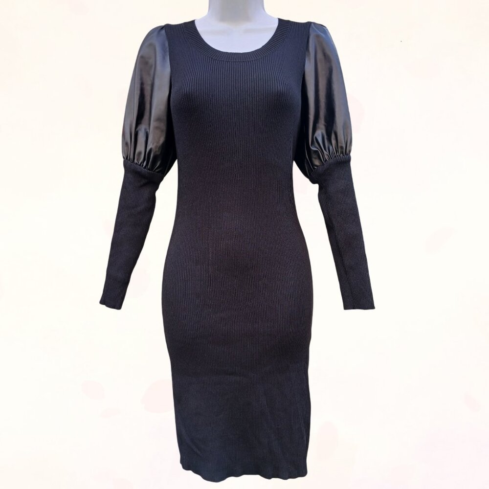 Gabrielle Union Black Bodycon Ribbed Knit Faux Leather Puff Long Sleeves Dress S